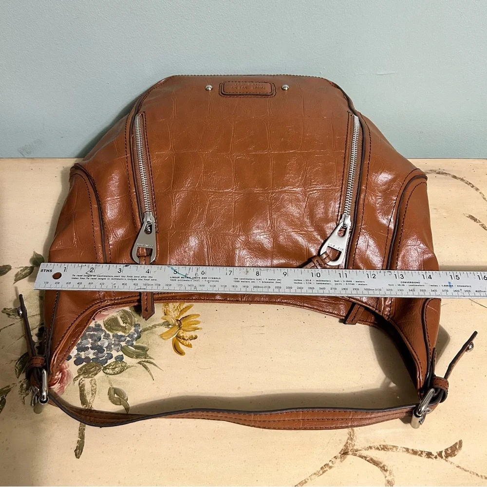 Nine West Cognac Tan Embossed Faux Leather Croc Reptile Print Hobo Bag Purse